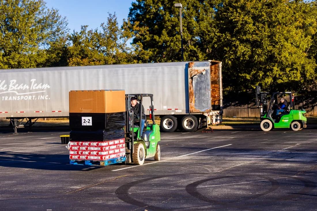 Stock photograph of forklifts moving packaged pallet loads beside a delivery truck